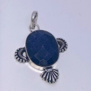 Vtg Sodalite Facet Cut Squared Oval Stone Unmarked Silver Tone Pendant  2.9”